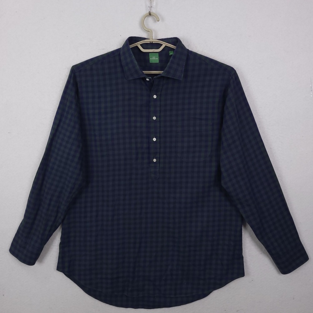 Sid Mashburn Popover Shirt Mens XXL Navy Green Gingham Plaid Flannel Placket